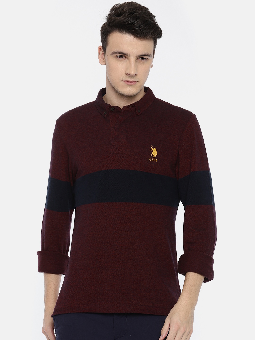 

U.S. Polo Assn. Men Maroon Solid Polo Collar Pure Cotton T-shirt