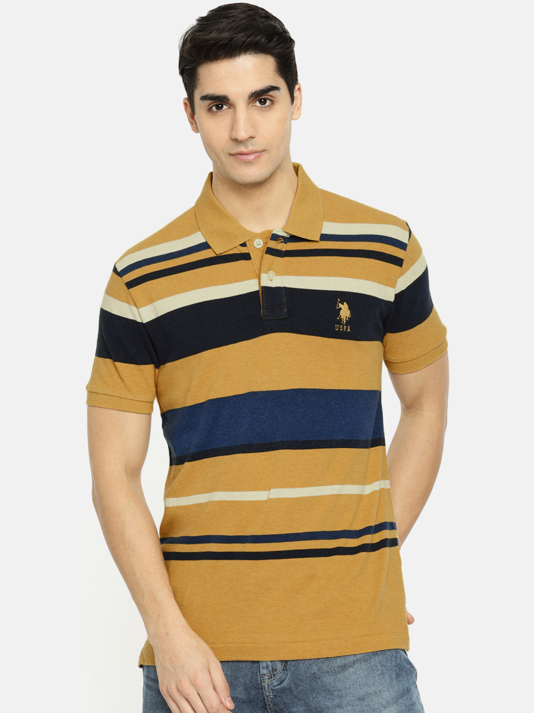 

U.S. Polo Assn. Men Mustard Yellow & Navy Blue Striped Polo T-shirt