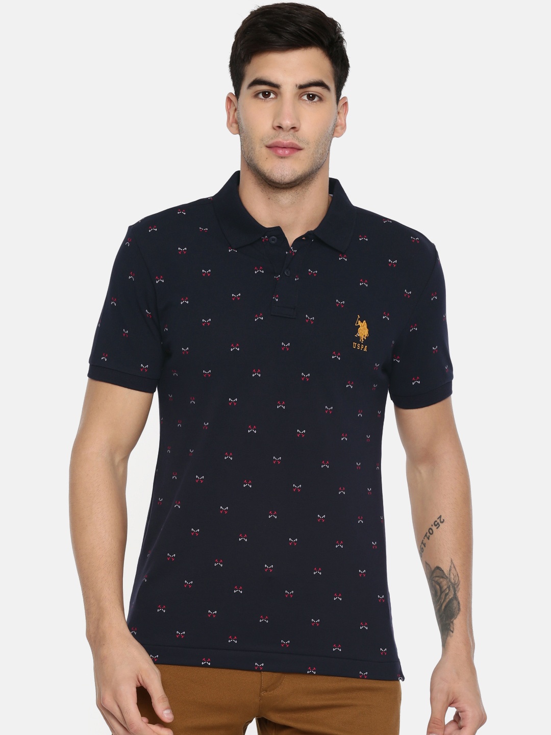 

U.S. Polo Assn. Men Navy Blue Printed Polo Collar T-shirt