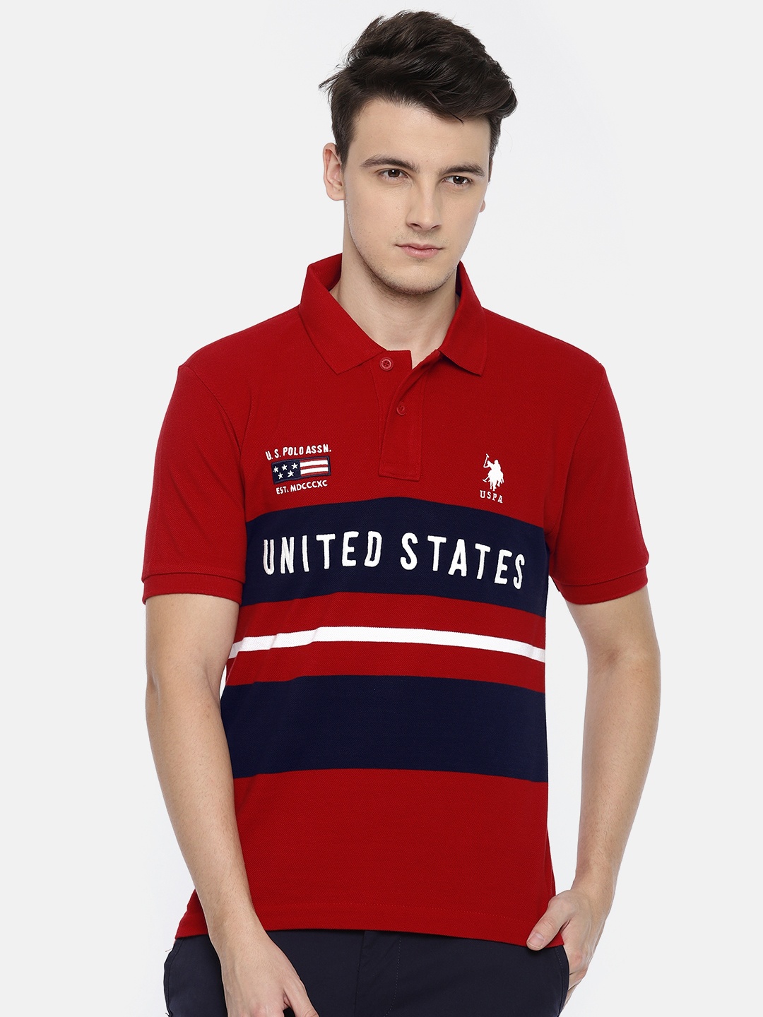 

U.S. Polo Assn. Men Red Striped Polo Collar Pure Cotton T-shirt