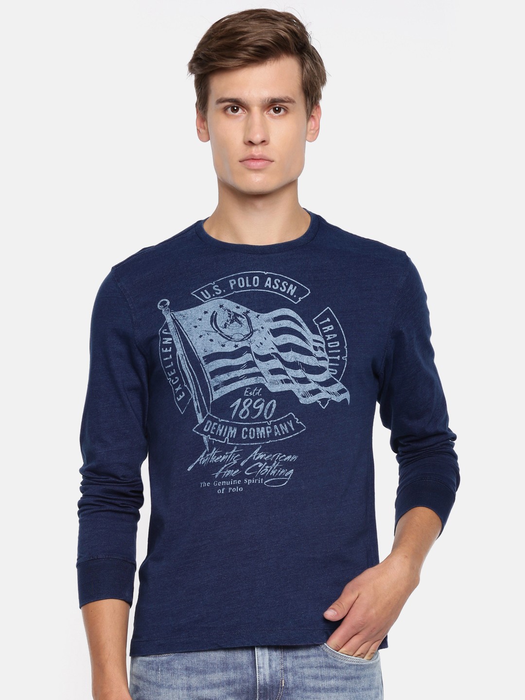 

U.S. Polo Assn. Denim Co. Men Navy Blue Printed Round Neck Pure Cotton T-shirt