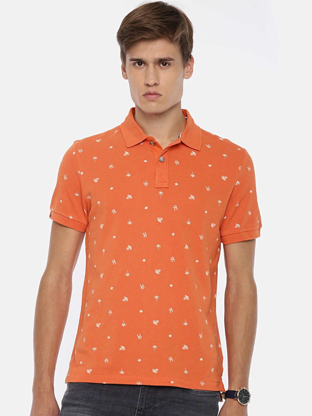 

U.S. Polo Assn. Denim Co. Men Orange Printed Polo Pure Cotton T-shirt