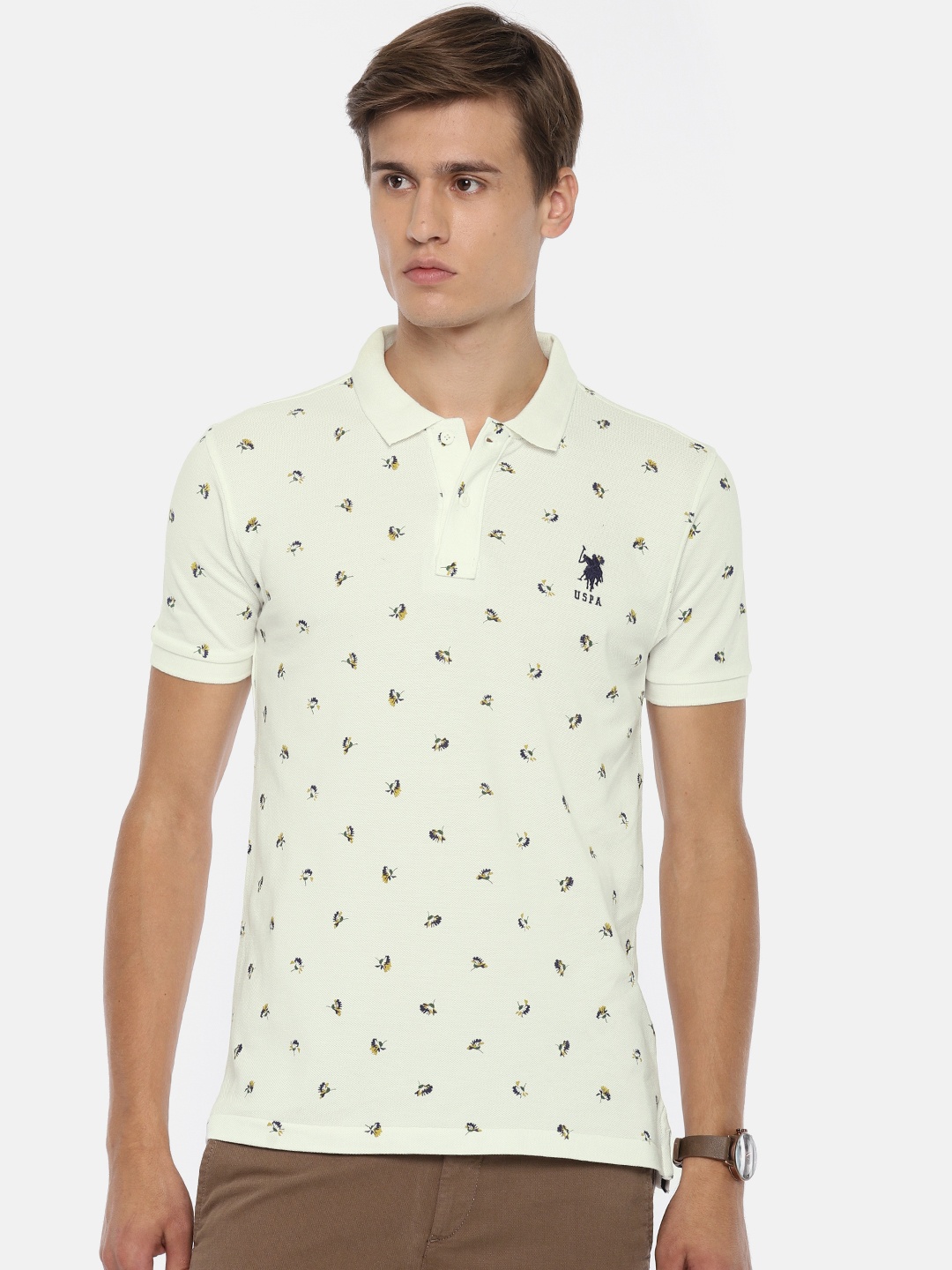 

U.S. Polo Assn. Men Off-White Printed Polo Collar Pure Cotton T-shirt