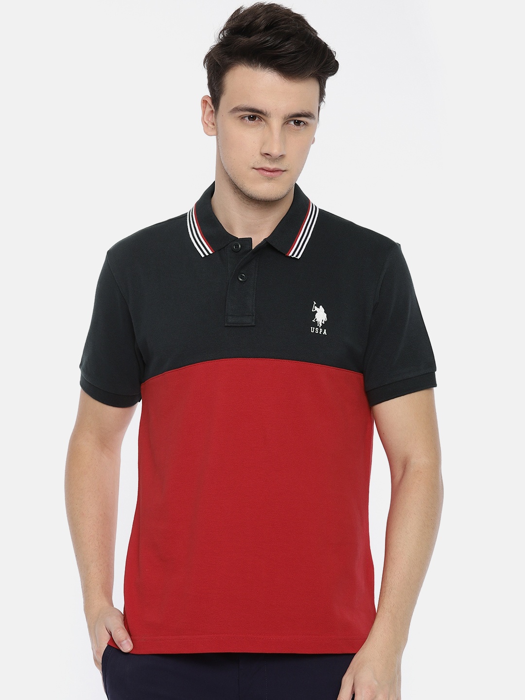 

U.S. Polo Assn. Men Navy Blue and Red Colourblocked Polo Collar Pure Cotton T-shirt