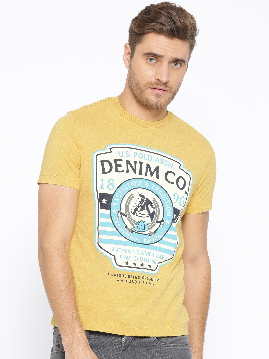 

U.S. Polo Assn. Denim Co. Men Yellow Solid Round Neck T-shirt