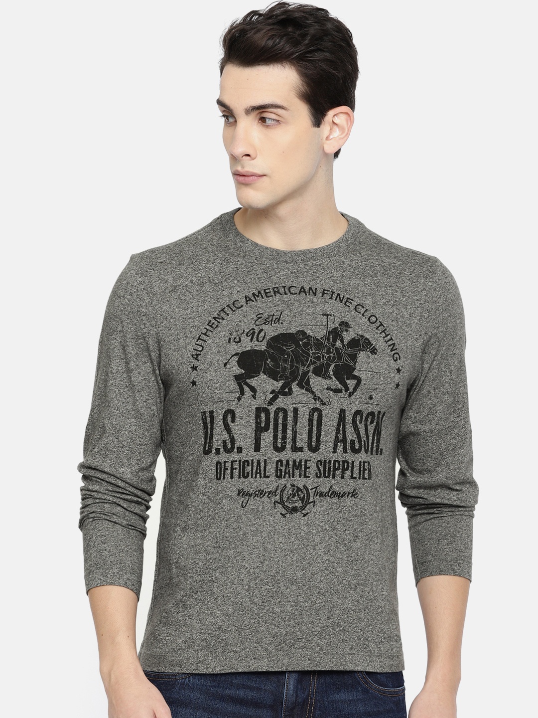 

U.S. Polo Assn. Denim Co. Men Grey Melange Printed Round Neck T-shirt