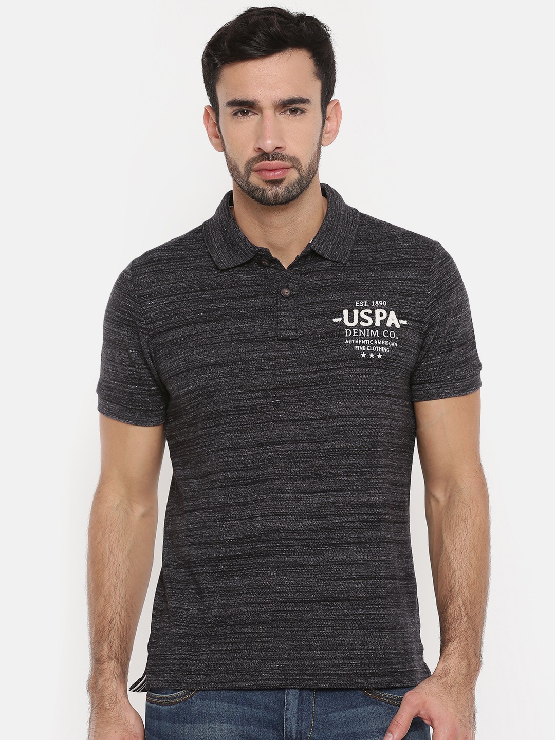 

U.S. Polo Assn. Denim Co. Men Charcoal Grey Solid Polo Collar T-shirt