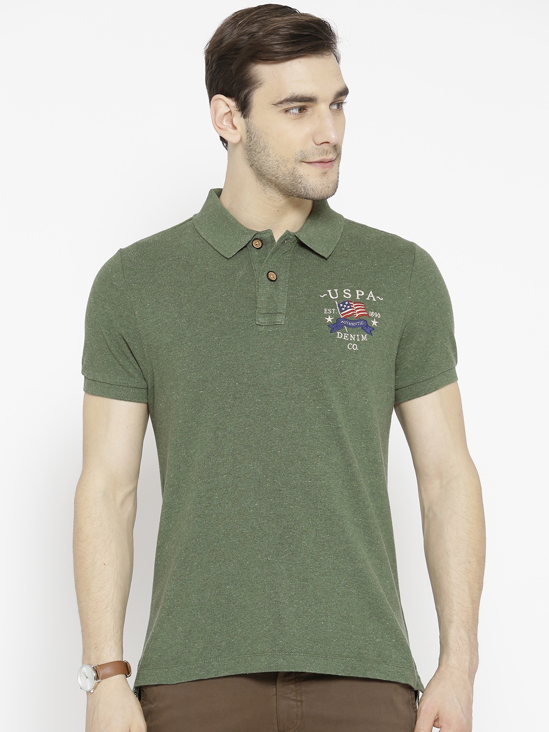 

U.S. Polo Assn. Denim Co. Men Green Solid Polo Pure Cotton T-shirt