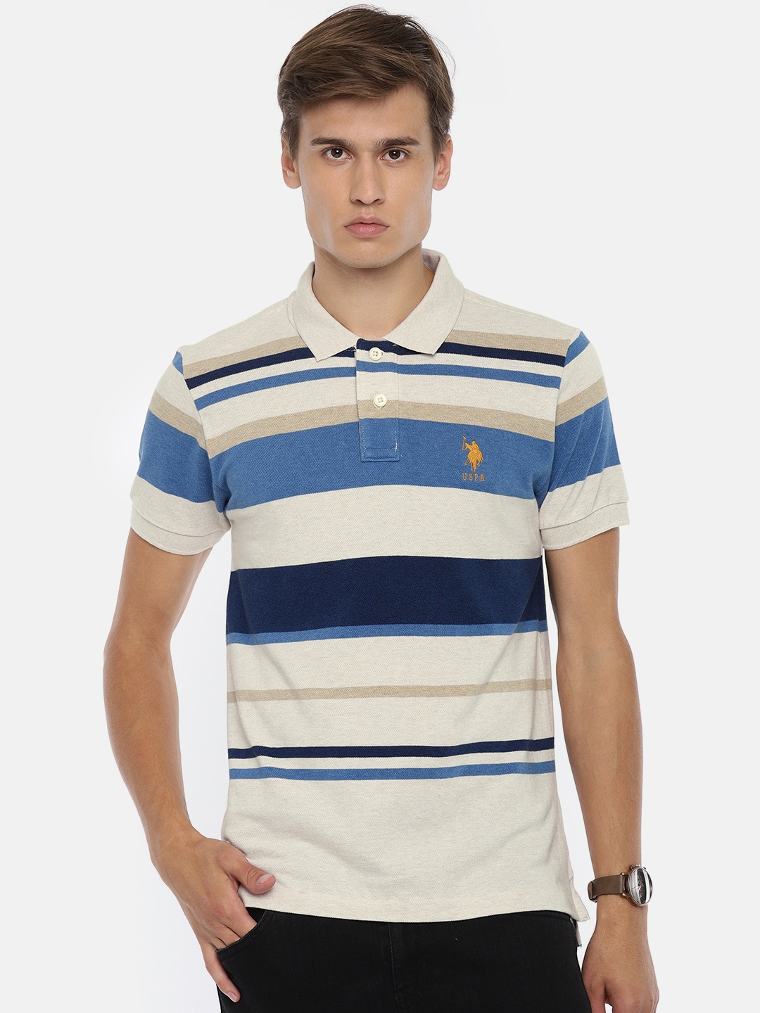 

U.S. Polo Assn. Men Off-White Striped Polo Collar Pure Cotton T-shirt