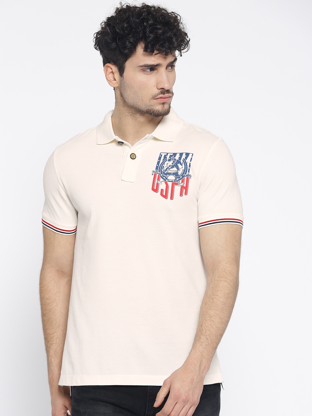 

U.S. Polo Assn. Denim Co. Men Off-White Solid Polo Pure Cotton T-shirt