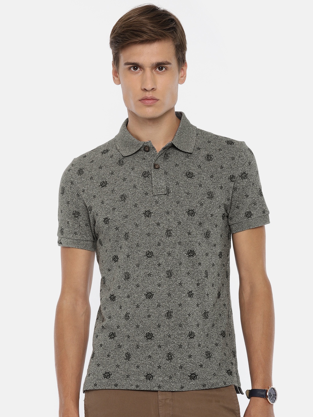 

U.S. Polo Assn. Denim Co. Men Charcoal Grey Printed Polo Pure Cotton T-shirt