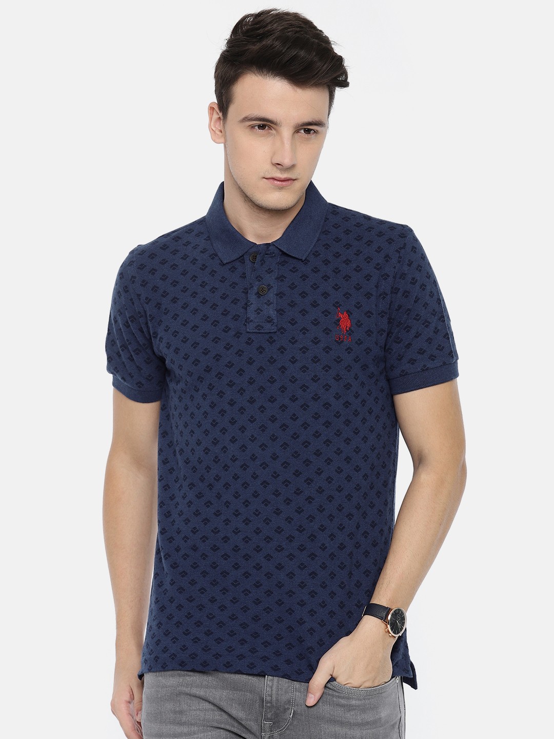 

U.S. Polo Assn. Men Navy Blue Printed Polo Collar Pure Cotton T-shirt