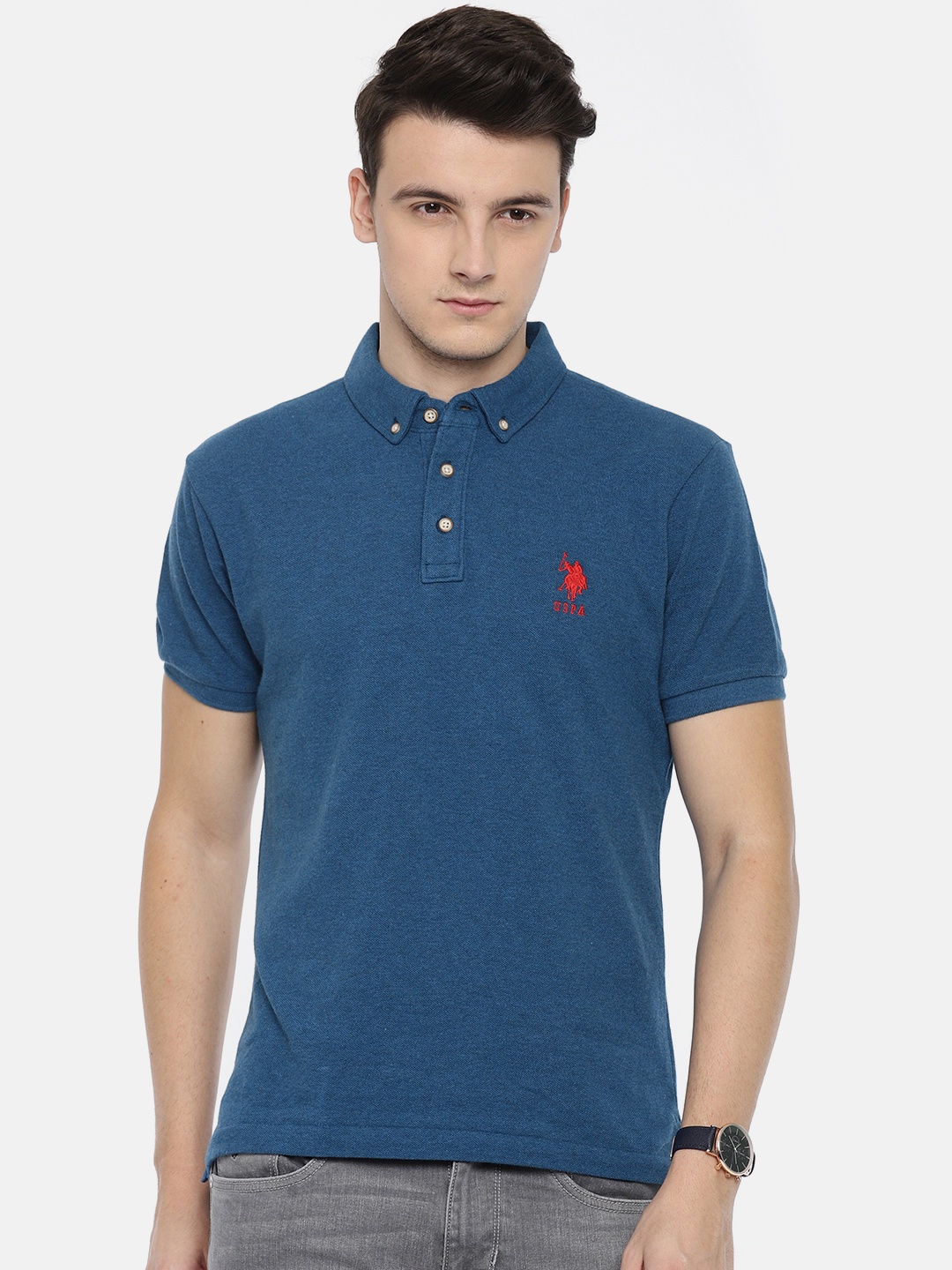 

U.S. Polo Assn. Men Teal Blue Solid Polo Collar Pure Cotton T-shirt