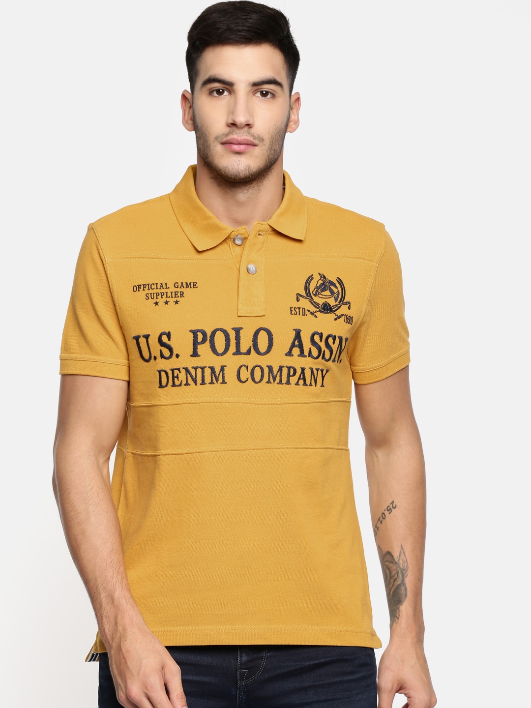 

U.S. Polo Assn. Denim Co. Men Yellow Self Design Polo Collar T-shirt