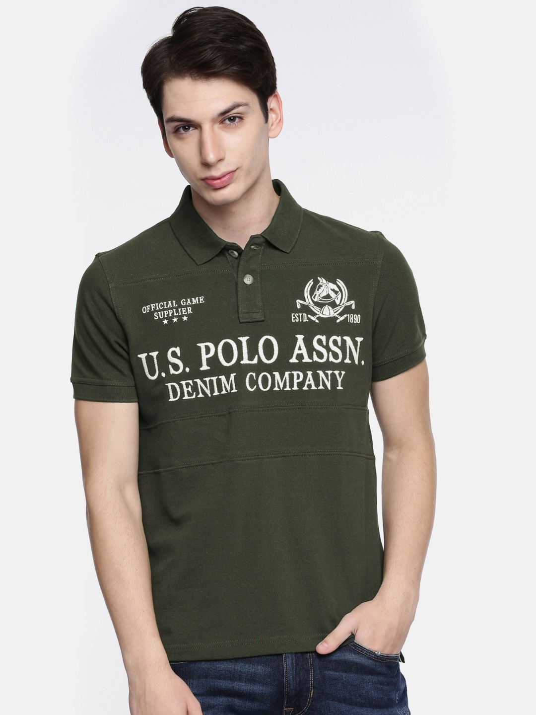 

U.S. Polo Assn. Denim Co. Men Olive Green Self Design Polo Collar T-shirt