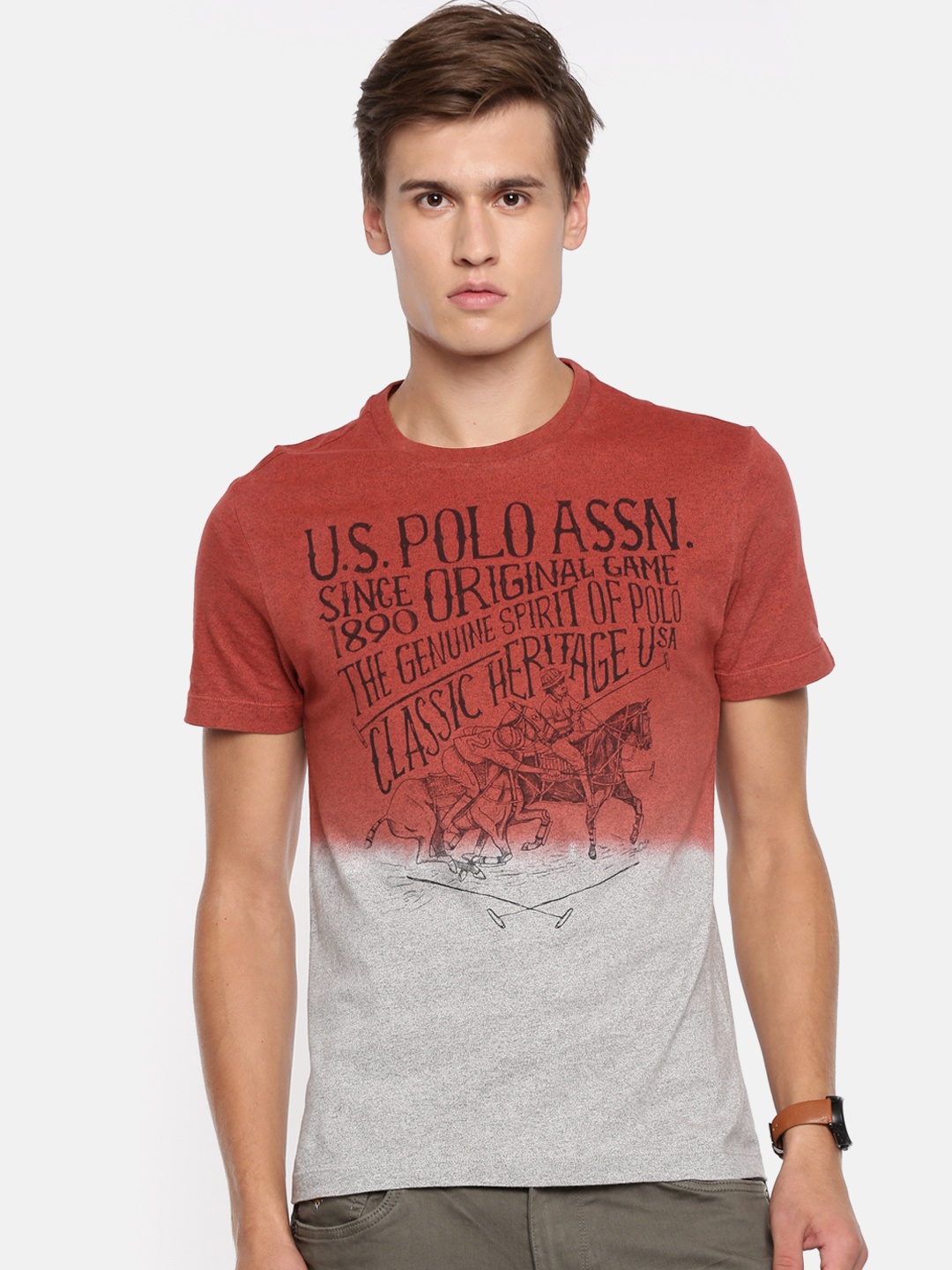 

U.S. Polo Assn. Denim Co. Men Red Grey Dyed Round Neck Pure Cotton T-shirt