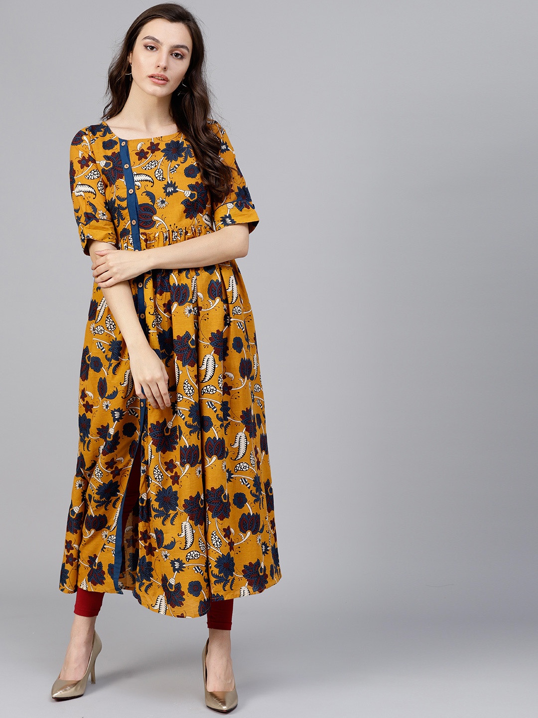 

Varanga Mustard Kalamkari Floral Printed Kurta