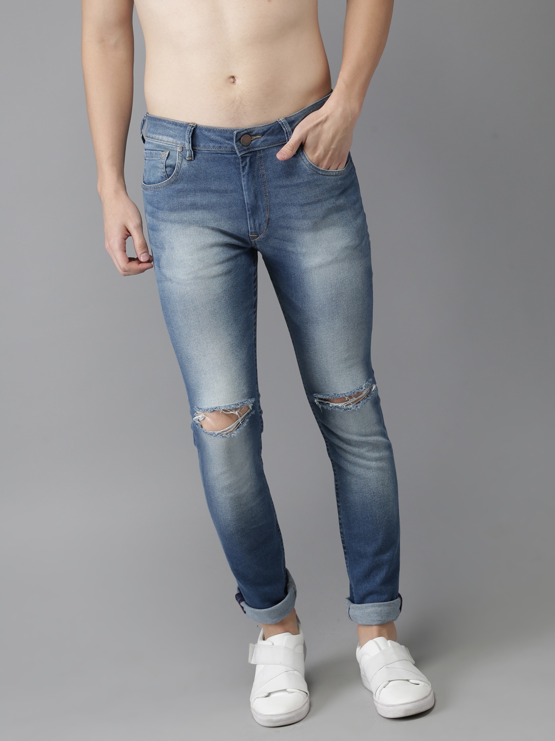 

HERE&NOW Men Blue Skinny Fit Mid-Rise Slash Knee Stretchable Jeans