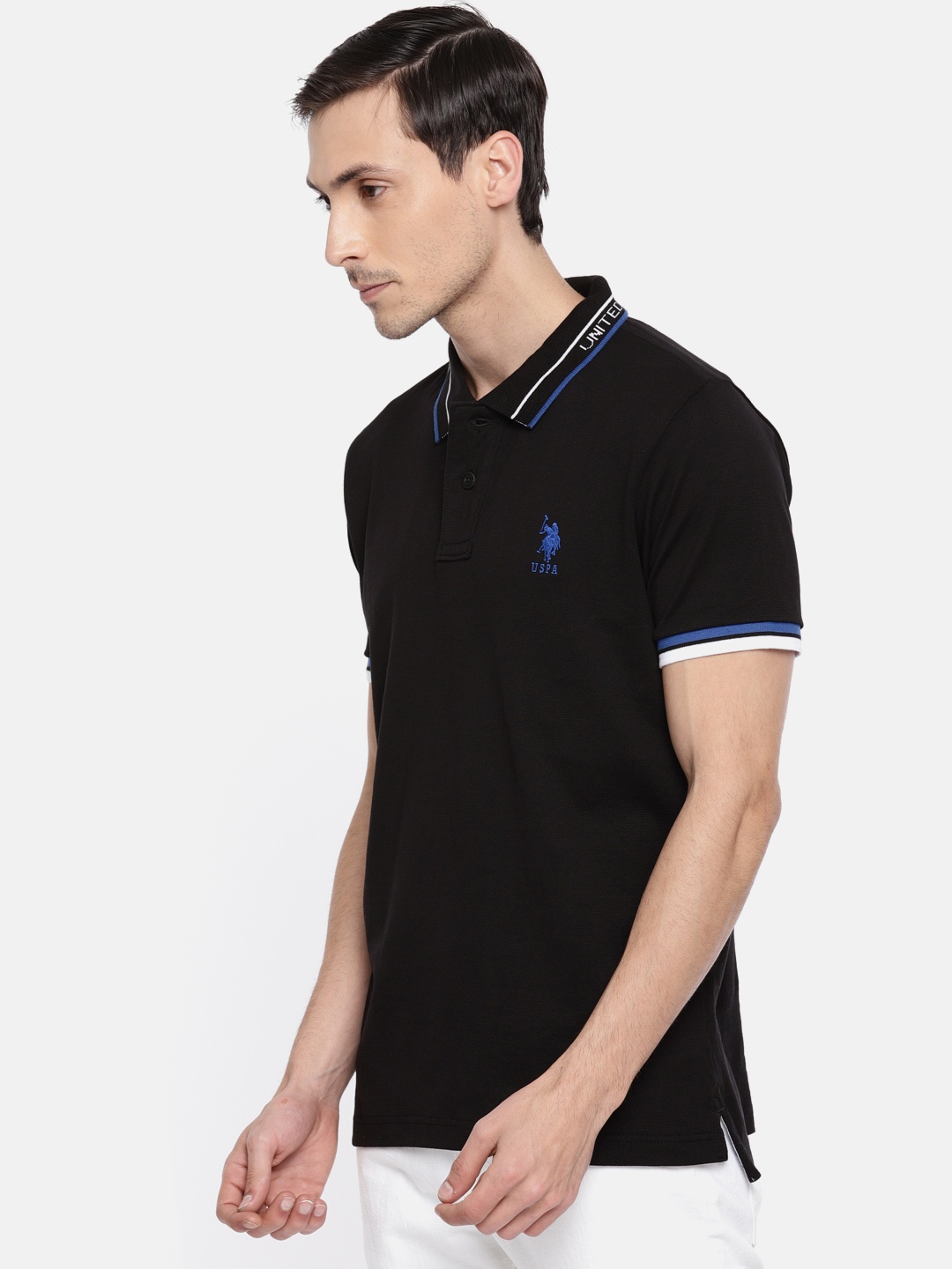 

U.S. Polo Assn. Men Black Solid Polo Collar Pure Cotton T-shirt