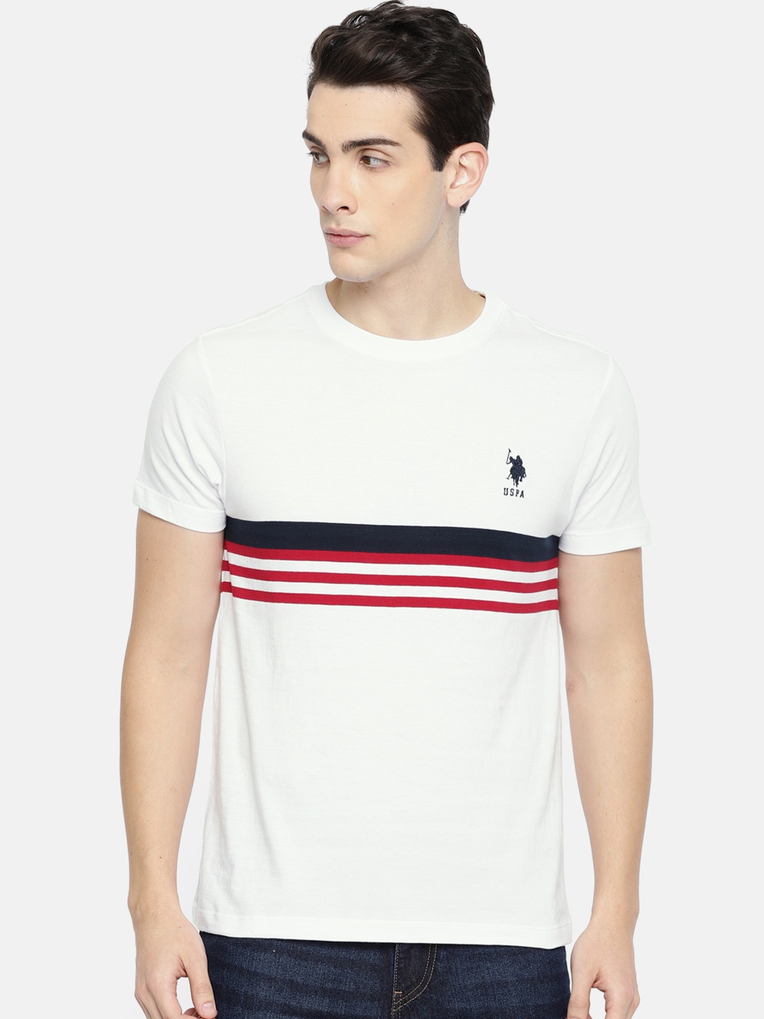 

U.S. Polo Assn. Men White & Red Striped Round Neck T-shirt