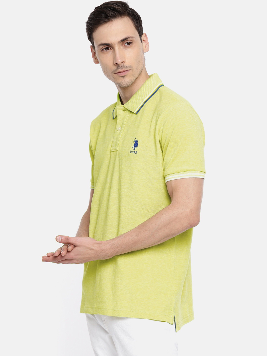 

U.S. Polo Assn. Men Lime Green Solid Polo Collar Pure Cotton T-shirt