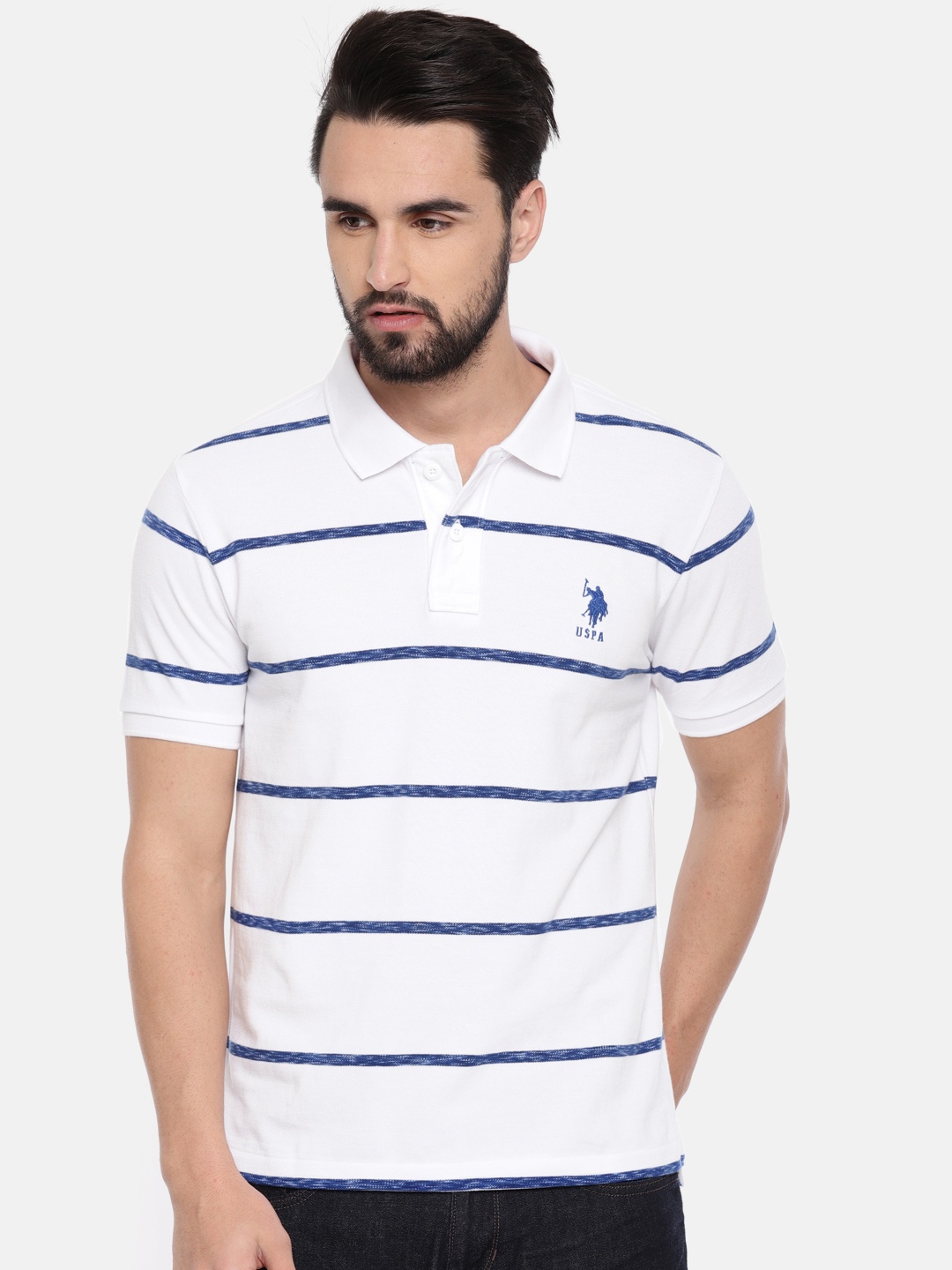 

U.S. Polo Assn. Men White Striped Polo Collar Pure Cotton T-shirt