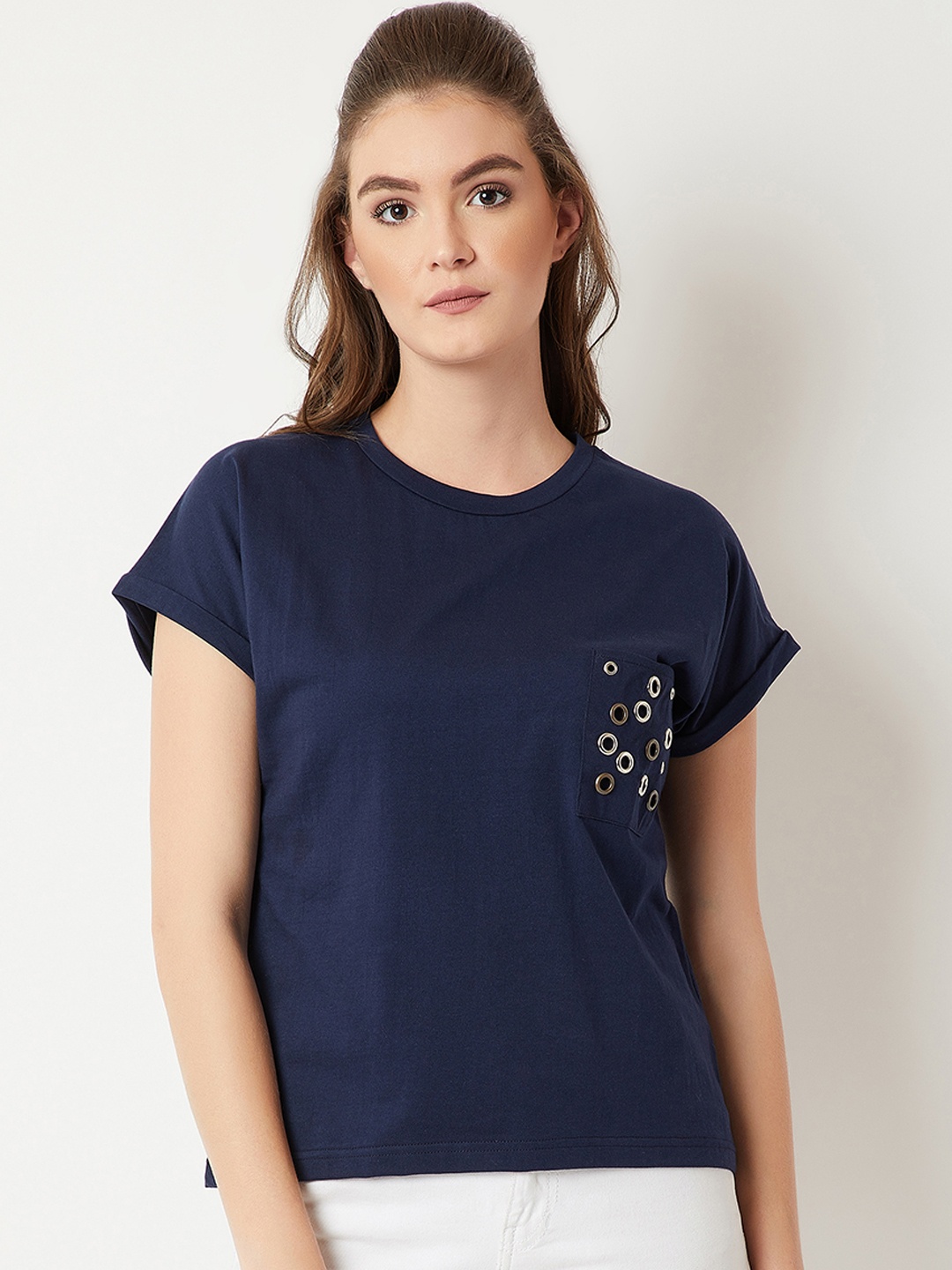 

Miss Chase Women Navy Blue Solid Round Neck T-shirt