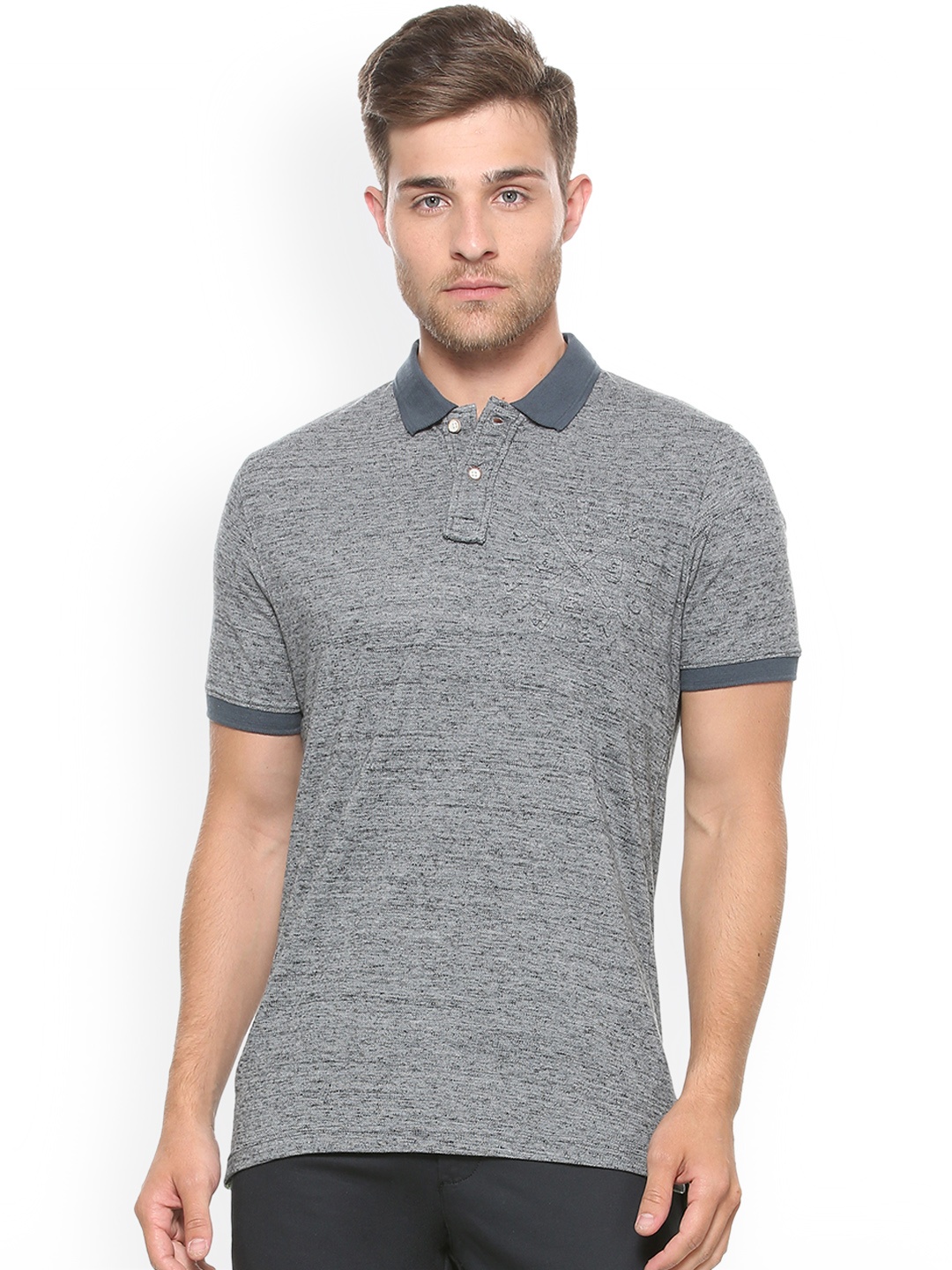 

Peter England Men Grey Melange Solid Polo Collar Pure Cotton T-shirt