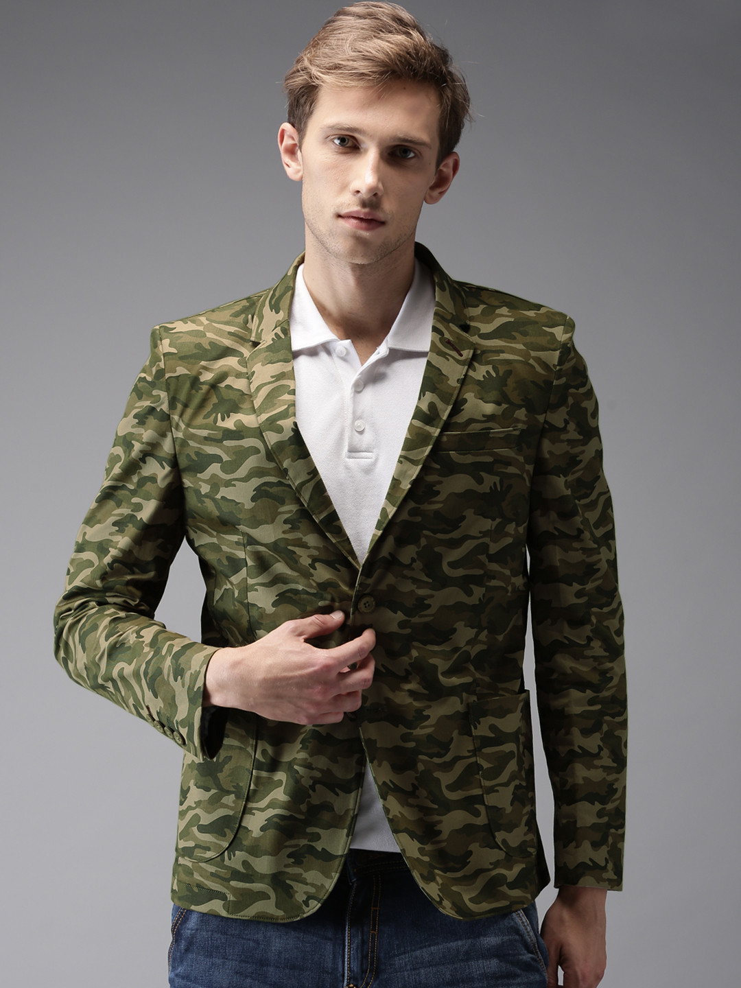 

The Indian Garage Co Olive Green Slim Fit Printed Casual Pure Cotton Blazer
