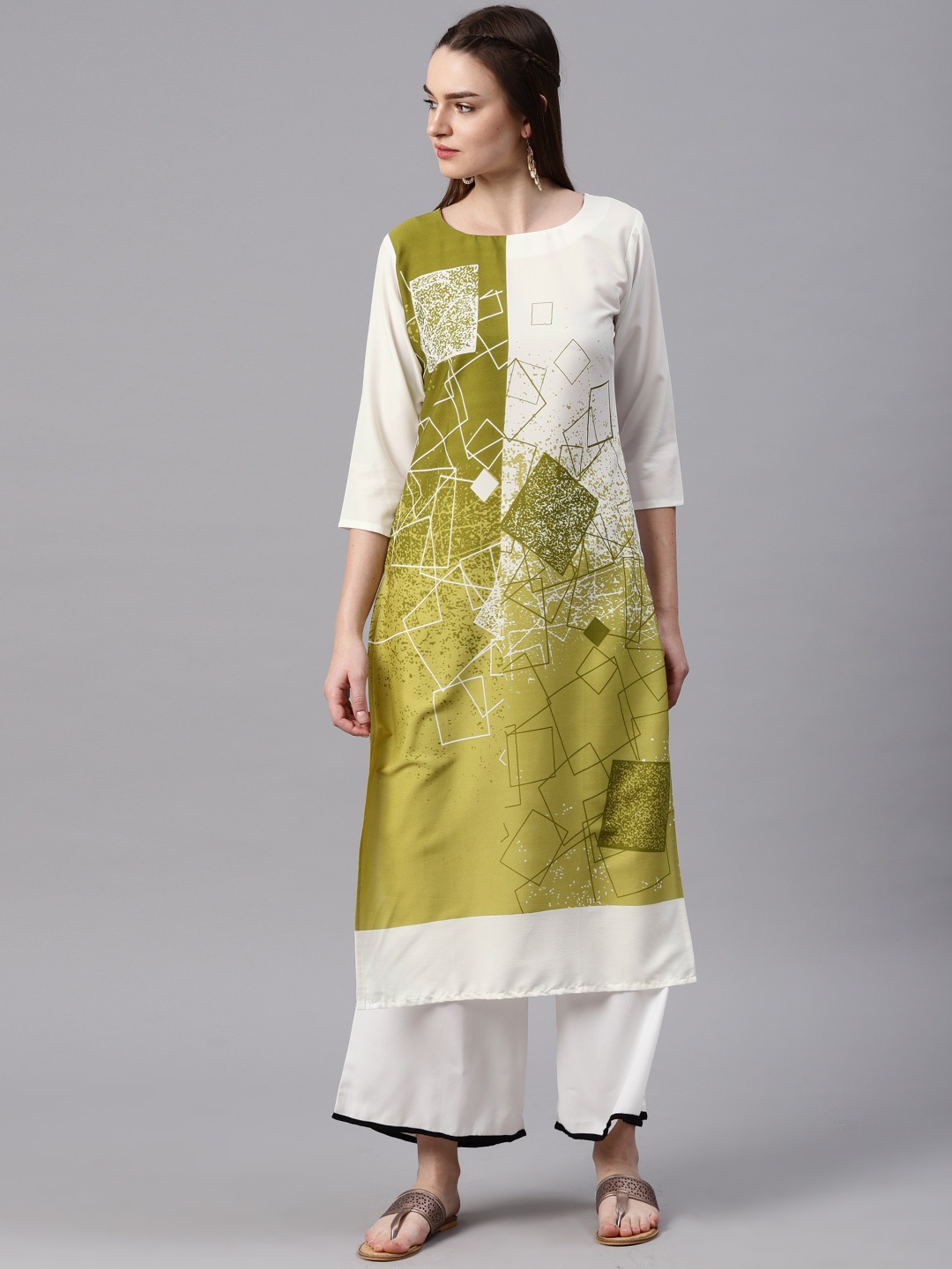 

AHIKA Women Green & Off-White Printed Straight Kurta