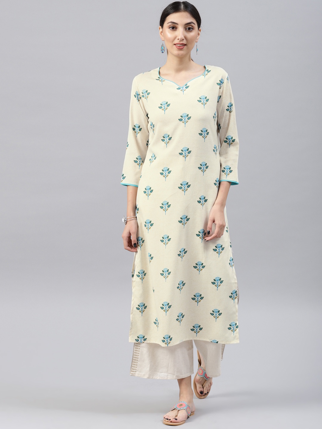 

AHIKA Women Off-White & Blue Floral Print A-Line Kurta