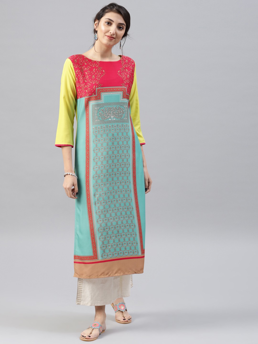 

AHIKA Women Sea Green & Yellow Printed Straight Kurta