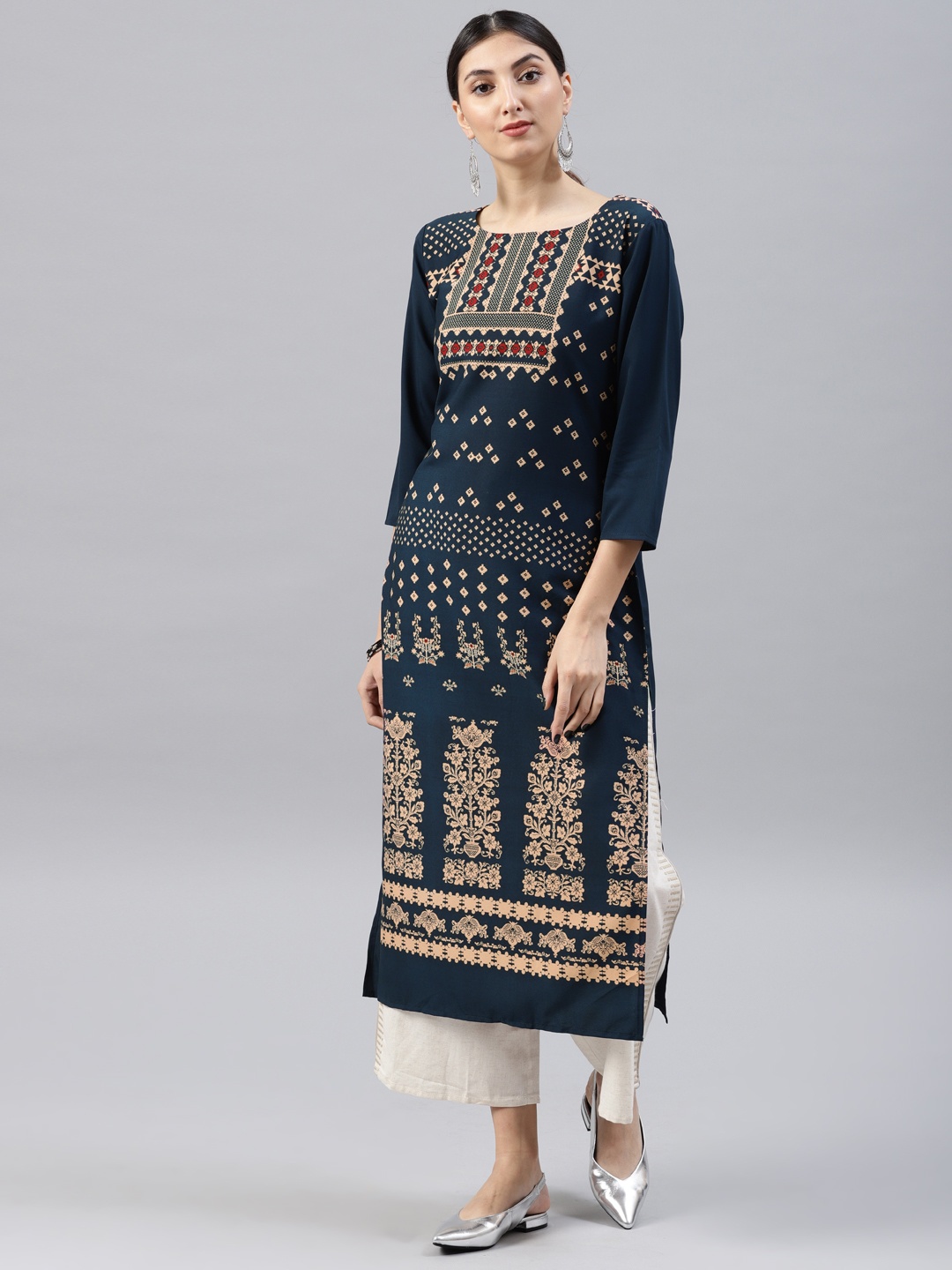 

AHIKA Women Navy Blue Printed Straight Kurta