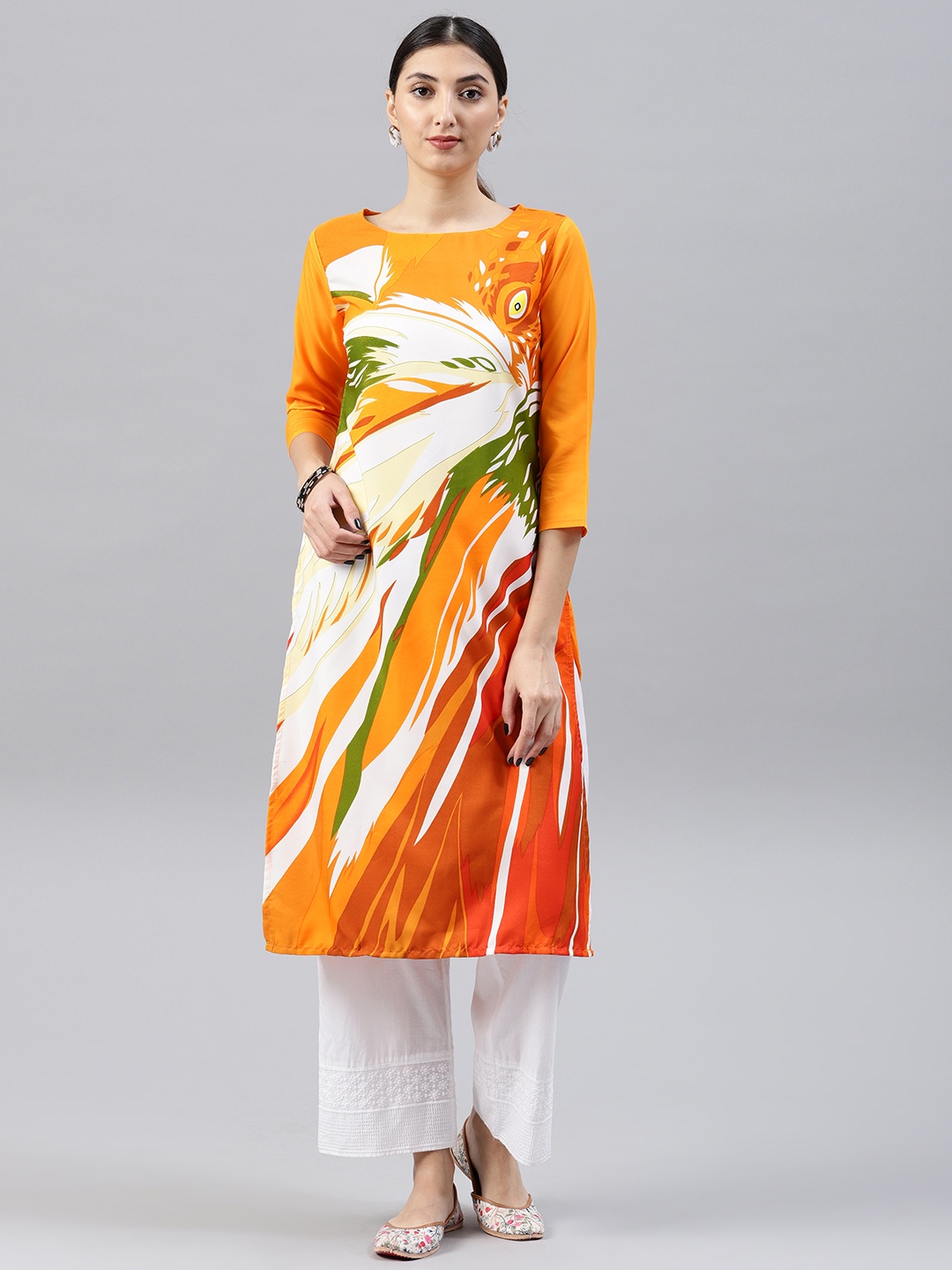 

Vaamsi Women Orange & White Printed Straight Kurta