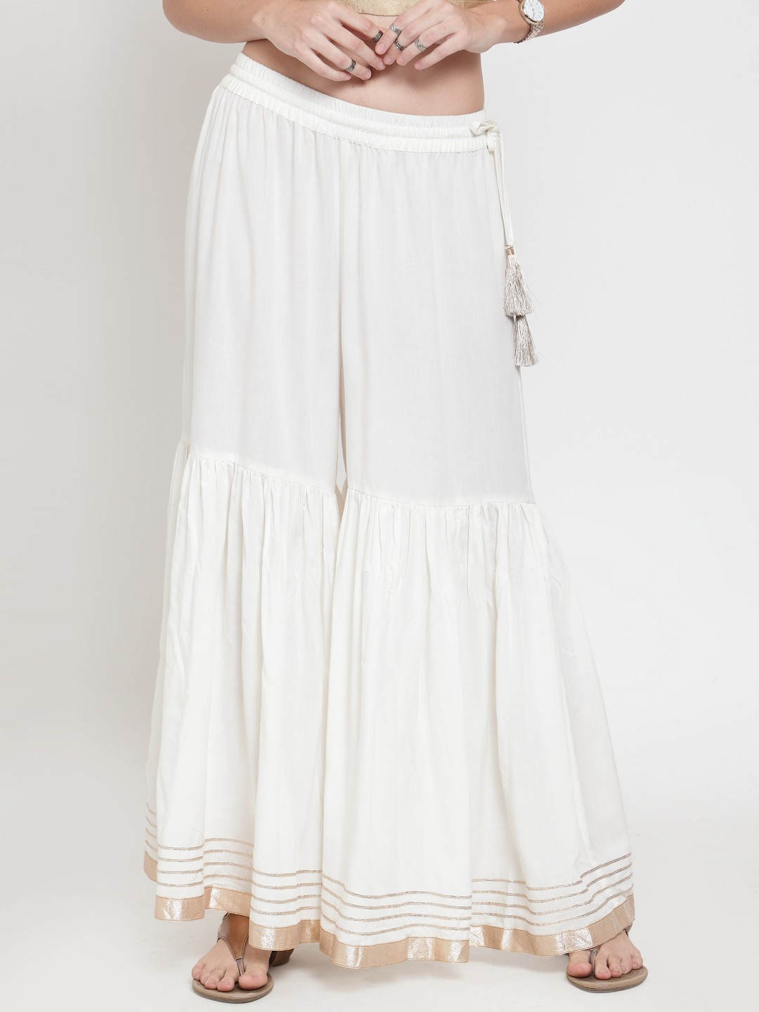 

Off White Solid Palazzo With Gota Border