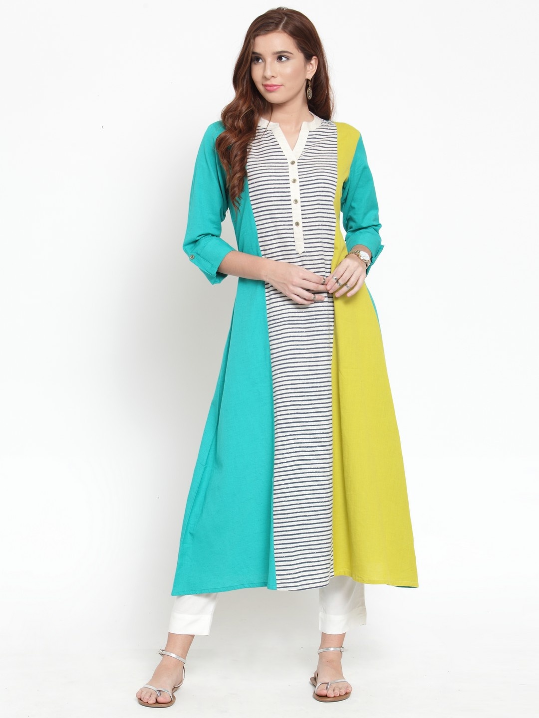 

Varanga Women Turquoise Blue & Mustard Striped Kurta with Trousers