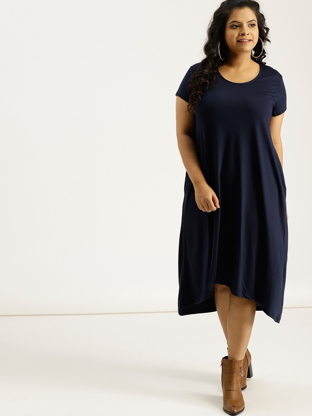 

Sztori Plus Size Women Navy Blue Solid Midi A-Line Dress