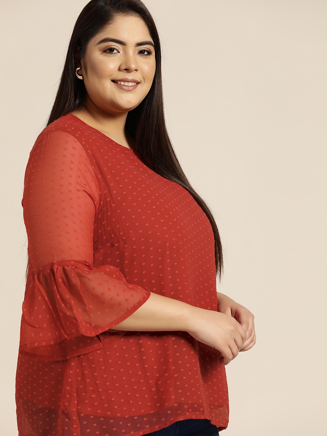 

Sztori Plus Size Women Rust Orange Self-Design A-line Top