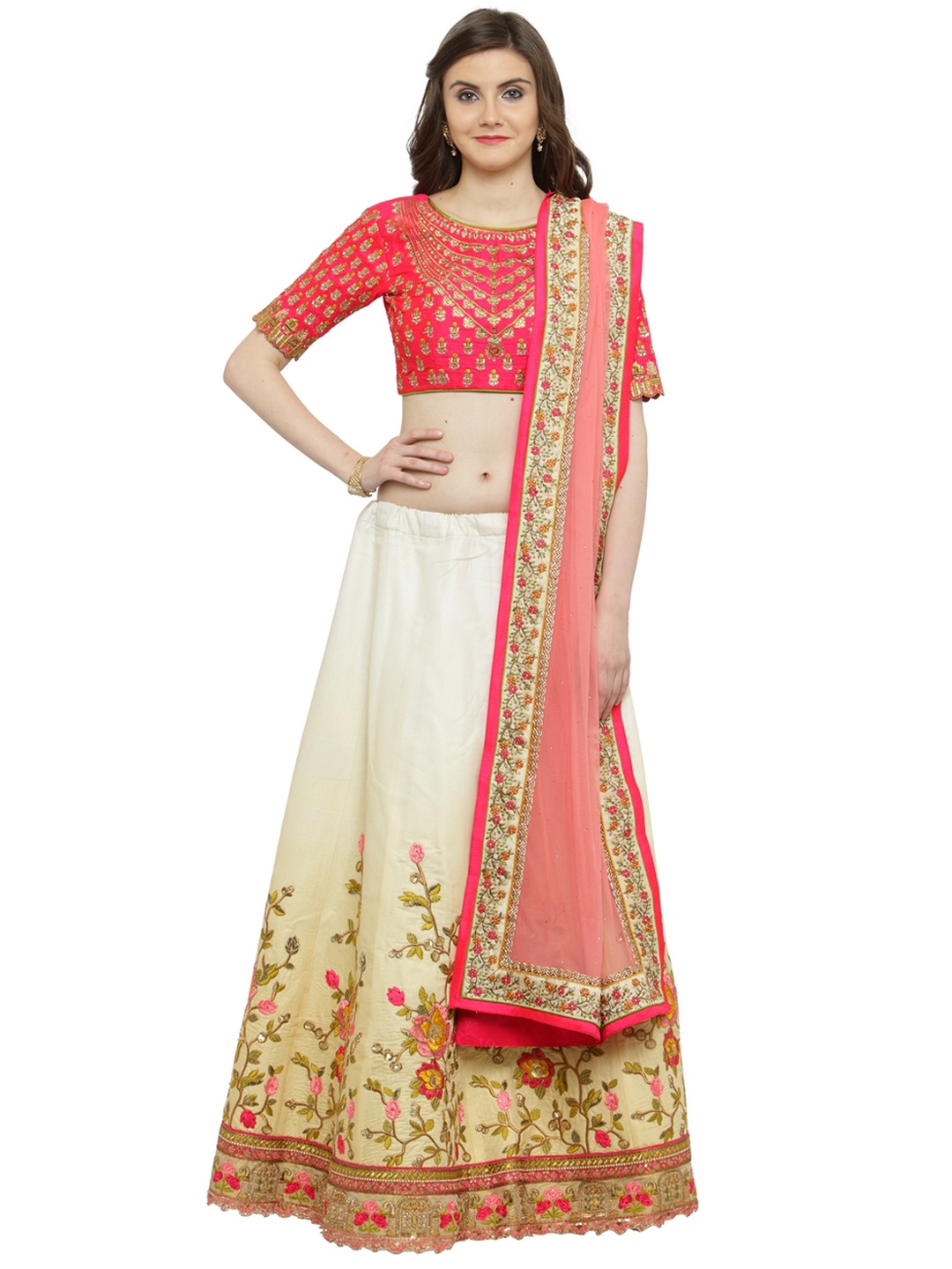 

Shaily Cream-Coloured & Pink Embellished Semi-Stitched Lehenga & Unstitched Blouse with Dupatta