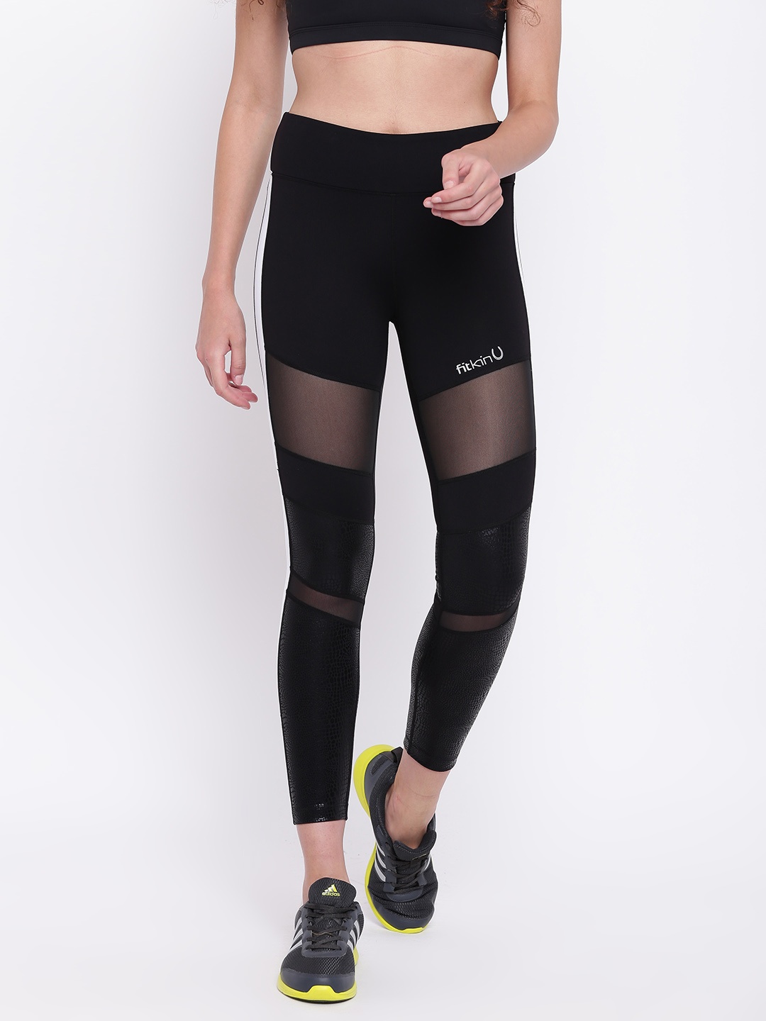 

Fitkin Women Black Solid Quick Dry Mesh Inserted Tights