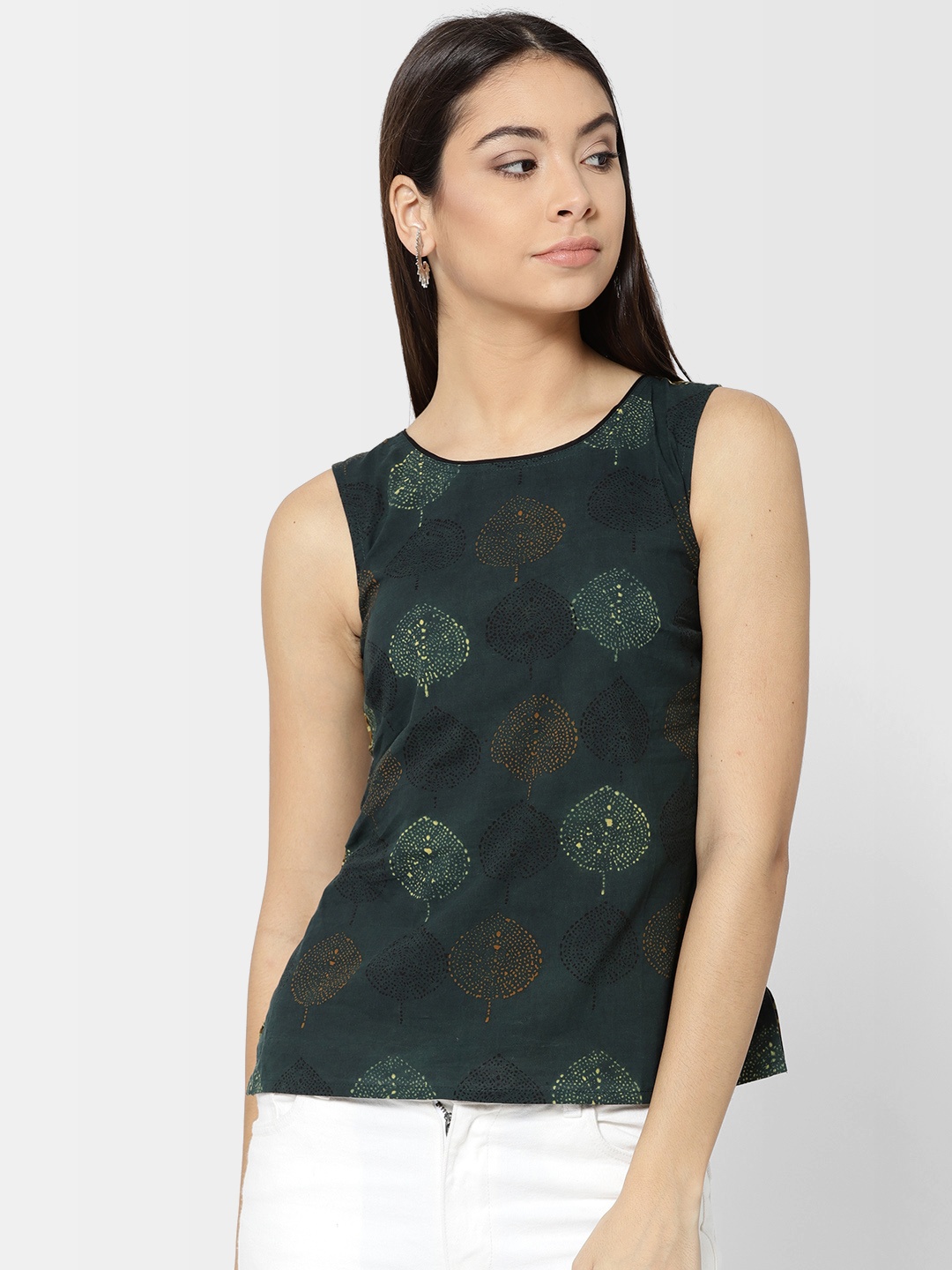 

Fabindia Women Green Printed Styled Back Pure Cotton Top