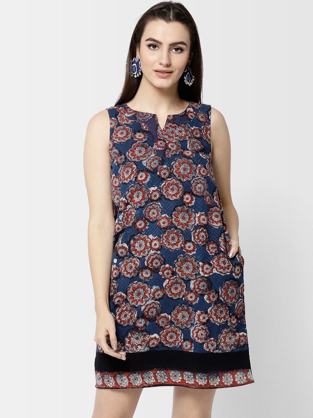 

Fabindia Women Navy Blue Hand Block Print A-Line Dress