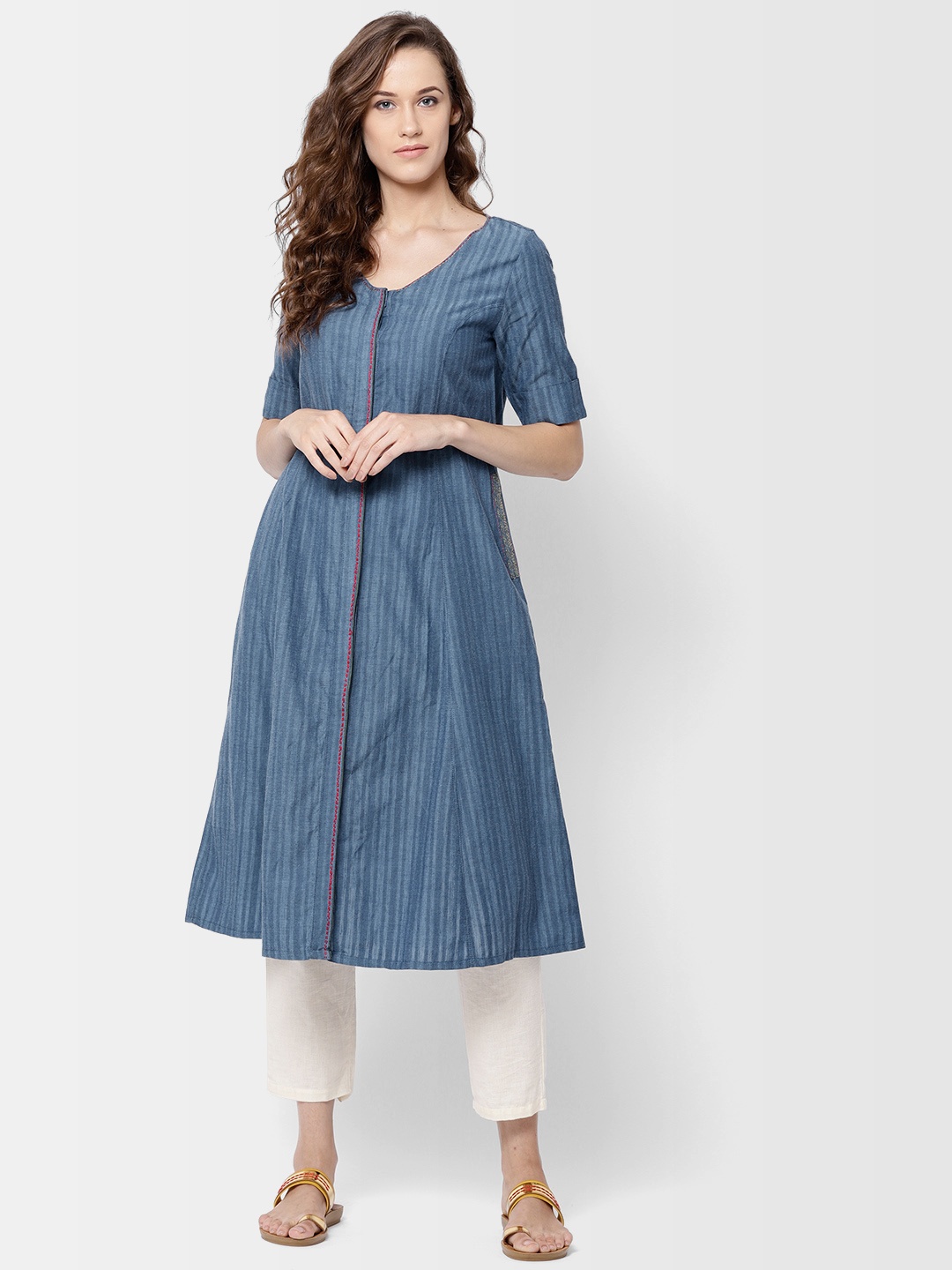 

Fabindia Women Blue Striped A-Line Kurta