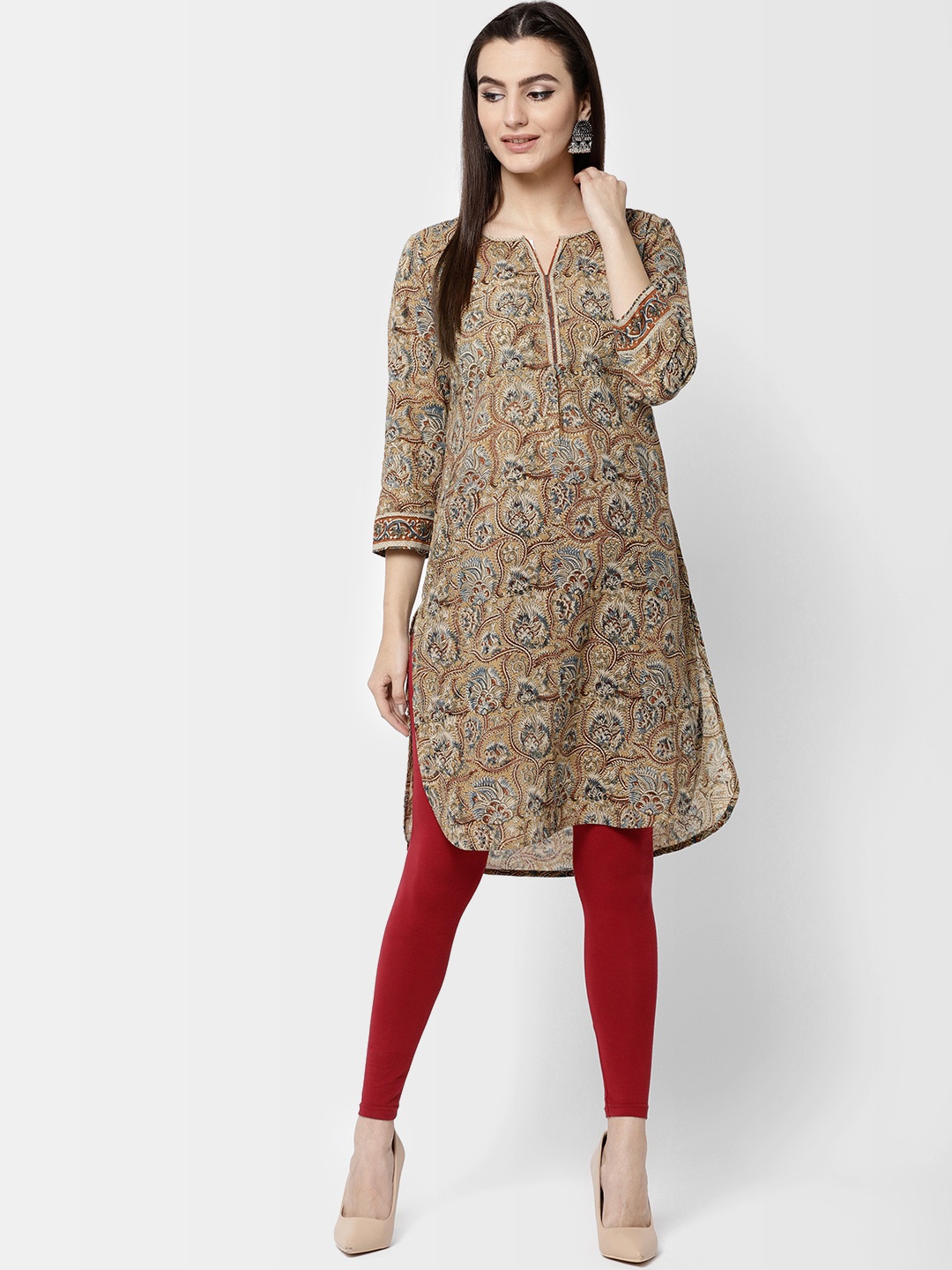 

Fabindia Women Mustard Yellow & Blue Kalamkari Print Straight Kurta