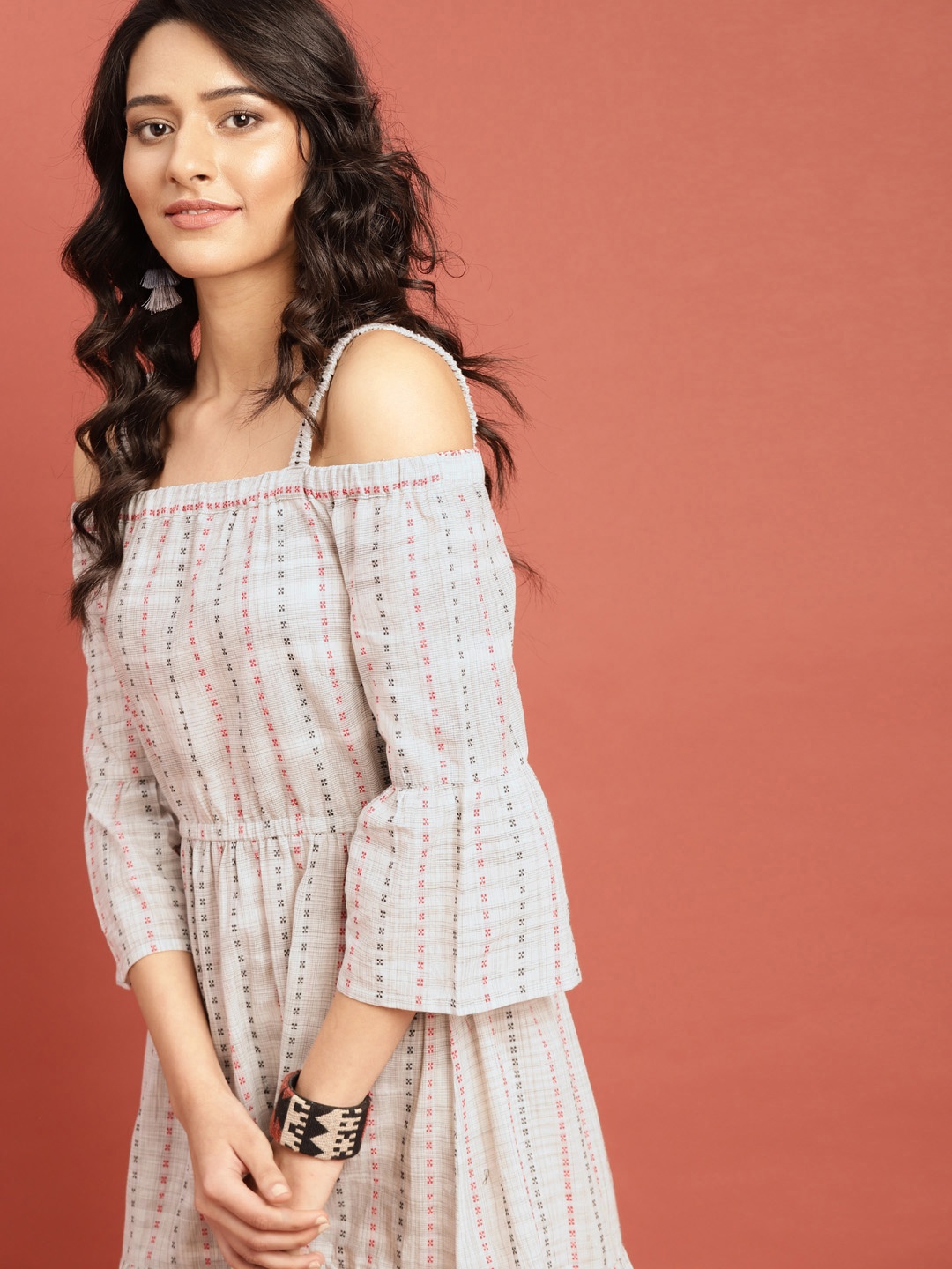 

Taavi Grey Woven Legacy A-Line Midi Off-Shoulder Pure Cotton Dress with Shoulder Straps