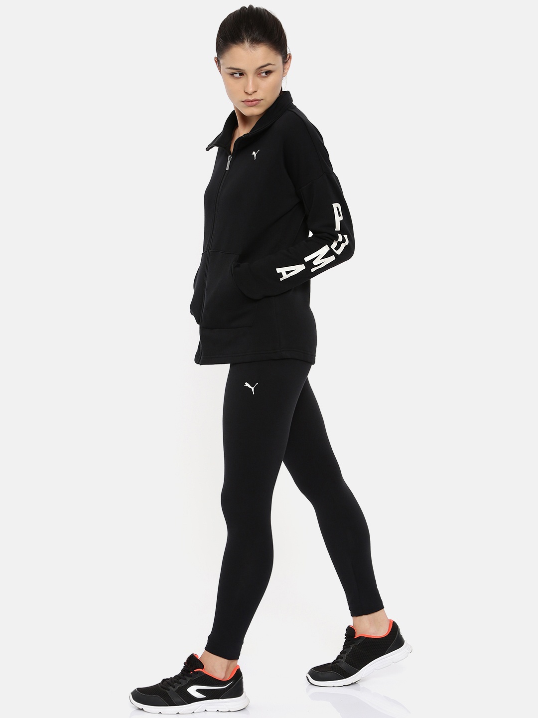 

Puma Women Black Cotton Solid Graphic Legging Sweat Suit Tracksuit