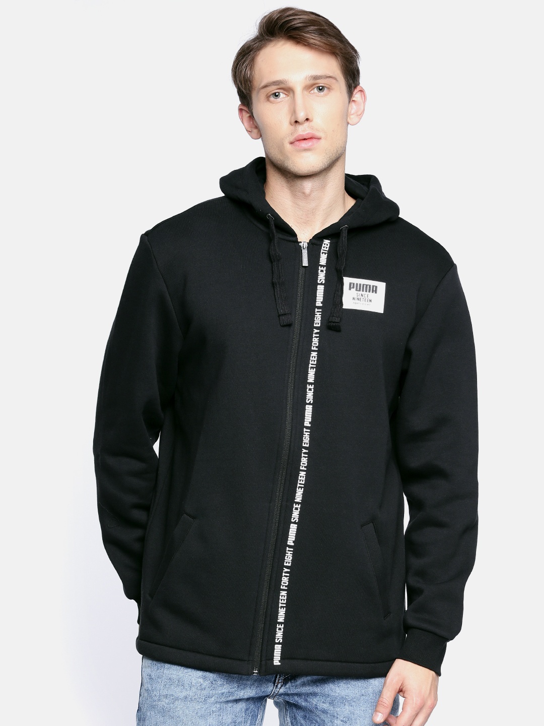 Puma Men Black Solid Rebel Block FZ Hooded Track Sweatshirt