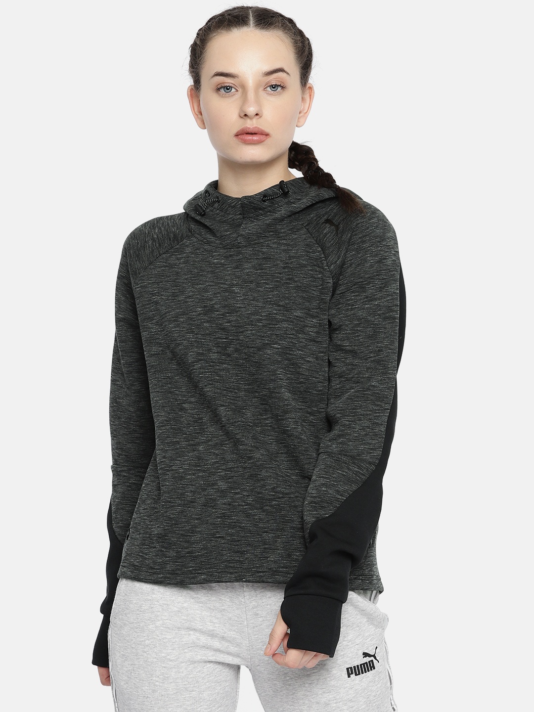 

Puma Women Charcoal Grey Solid DRY-CELL Hooded Sweatshirt