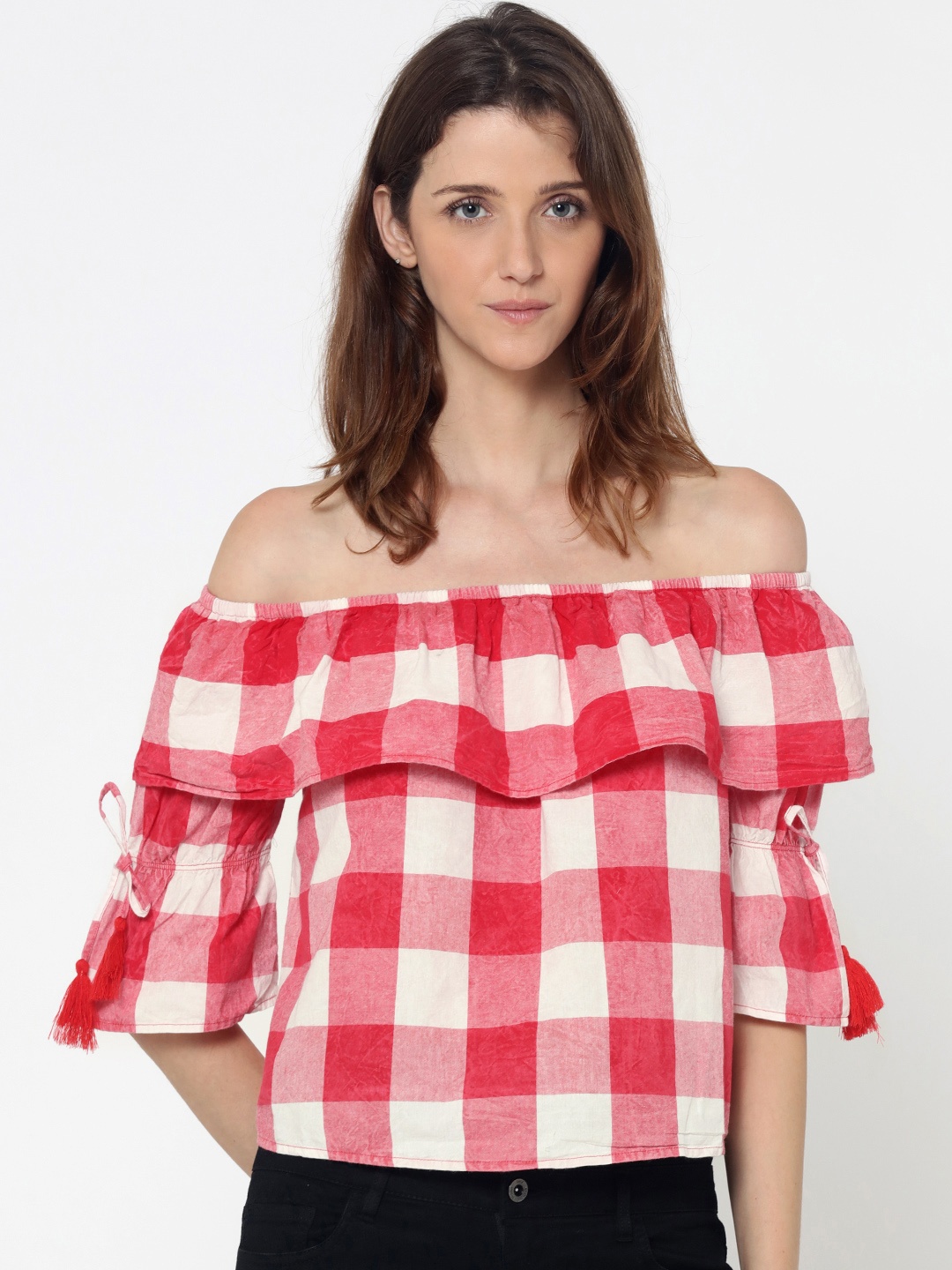 

ONLY Women White & Coral Red Checked Bardot Top