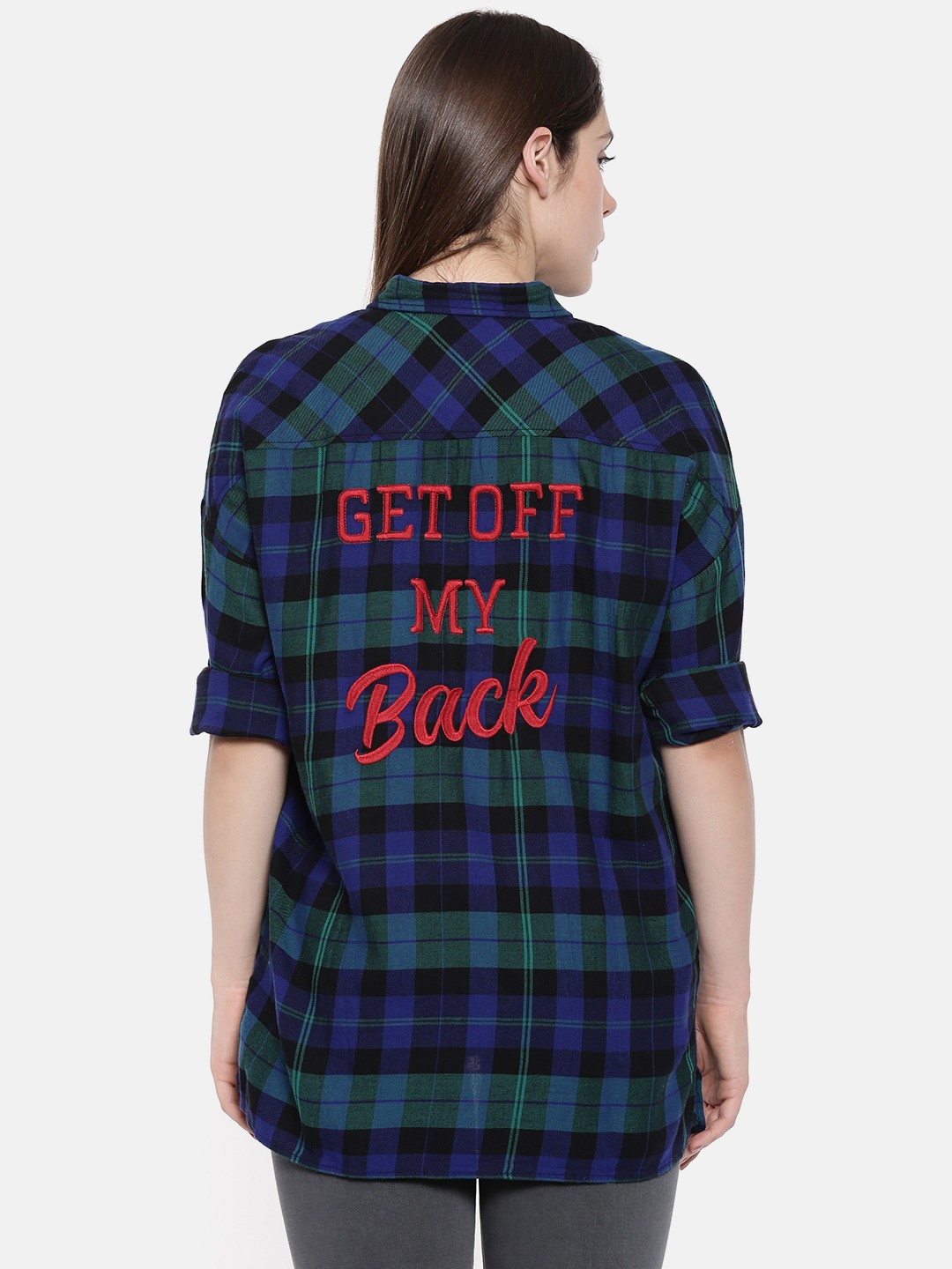 

ONLY Women Blue & Black Boxy Checked Casual Shirt